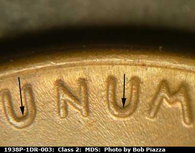 Die-stage B marker on 1938P•1DR•003 (1938 Doubled Die Reverse).