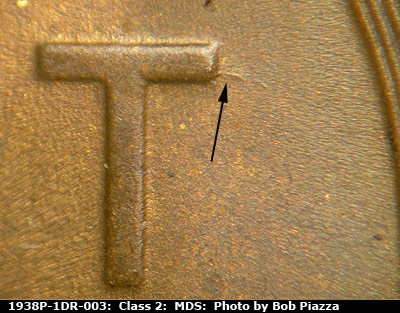 Die-stage B marker on 1938P•1DR•003 (1938 Doubled Die Reverse).