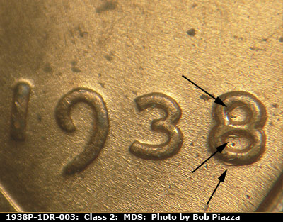 Die-stage B marker on 1938P•1DR•003 (1938 Doubled Die Reverse).