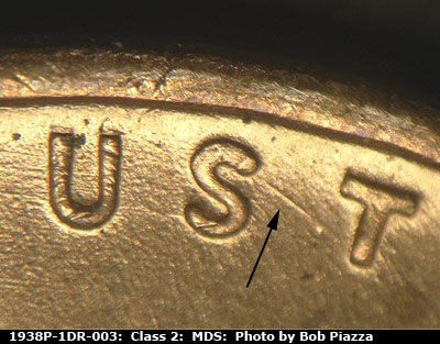 Die-stage B marker on 1938P•1DR•003 (1938 Doubled Die Reverse).