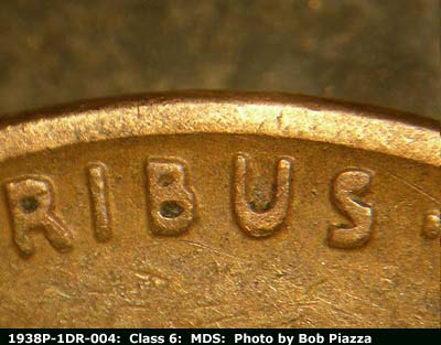 Die-stage B marker on 1938P•1DR•004 (1938 Doubled Die Reverse).