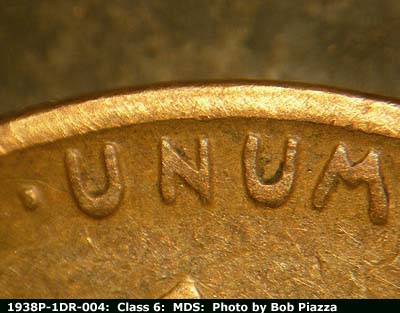 Die-stage B marker on 1938P•1DR•004 (1938 Doubled Die Reverse).