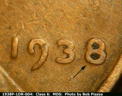 Die-stage B marker on 1938P•1DR•004 (1938 Doubled Die Reverse).