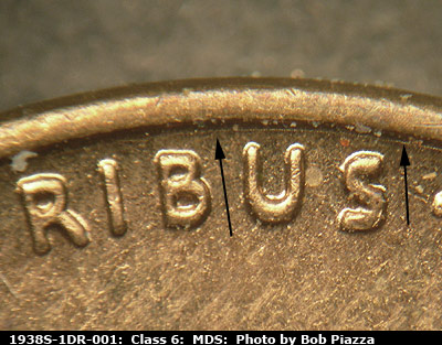 Die-stage B marker on 1938S•1DR•001 (1938 Doubled Die Reverse).