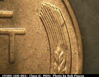 Die-stage B marker on 1938S•1DR•001 (1938 Doubled Die Reverse).
