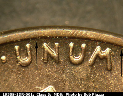 Die-stage B marker on 1938S•1DR•001 (1938 Doubled Die Reverse).