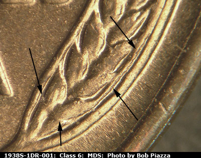 Die-stage B marker on 1938S•1DR•001 (1938 Doubled Die Reverse).