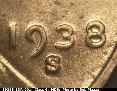 Die-stage B marker on 1938S•1DR•001 (1938 Doubled Die Reverse).