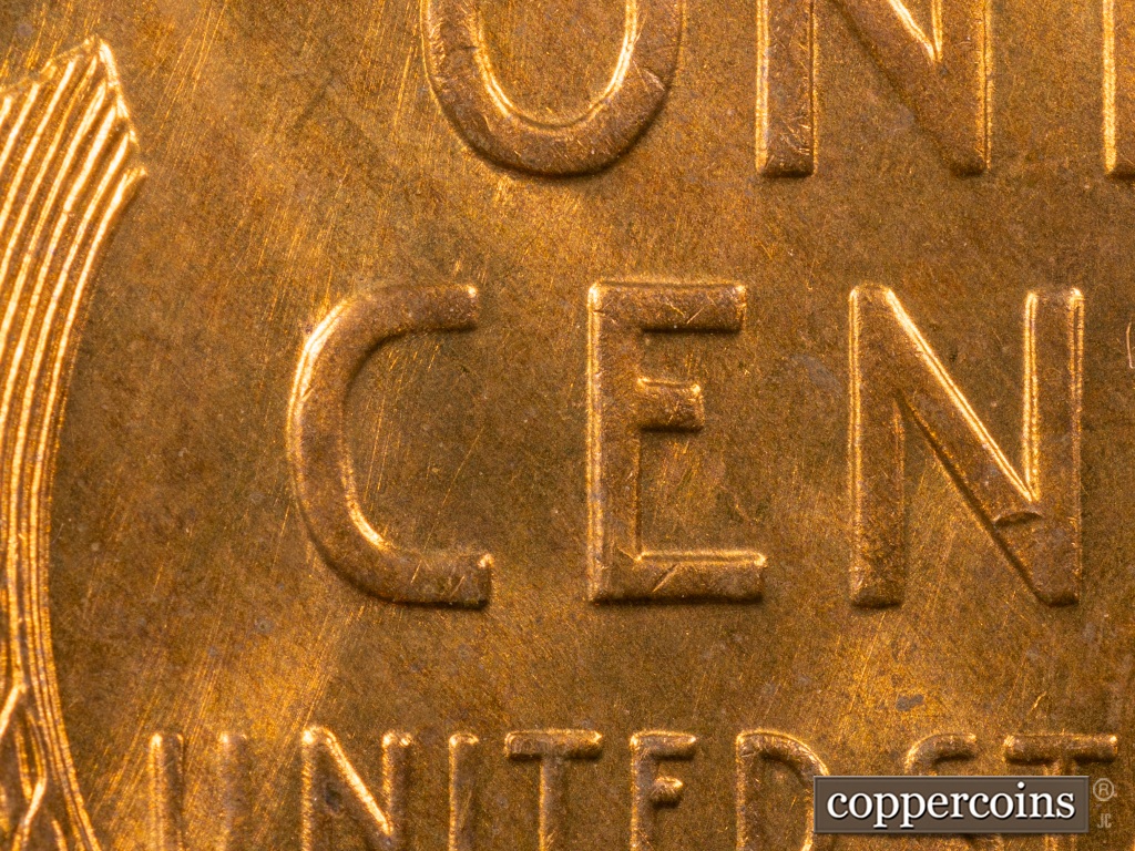 Die-stage G marker on 1938S•1MM•001 showing NS Die Scratches dominate the left side of the Reverse. Especially in the C of CENT.