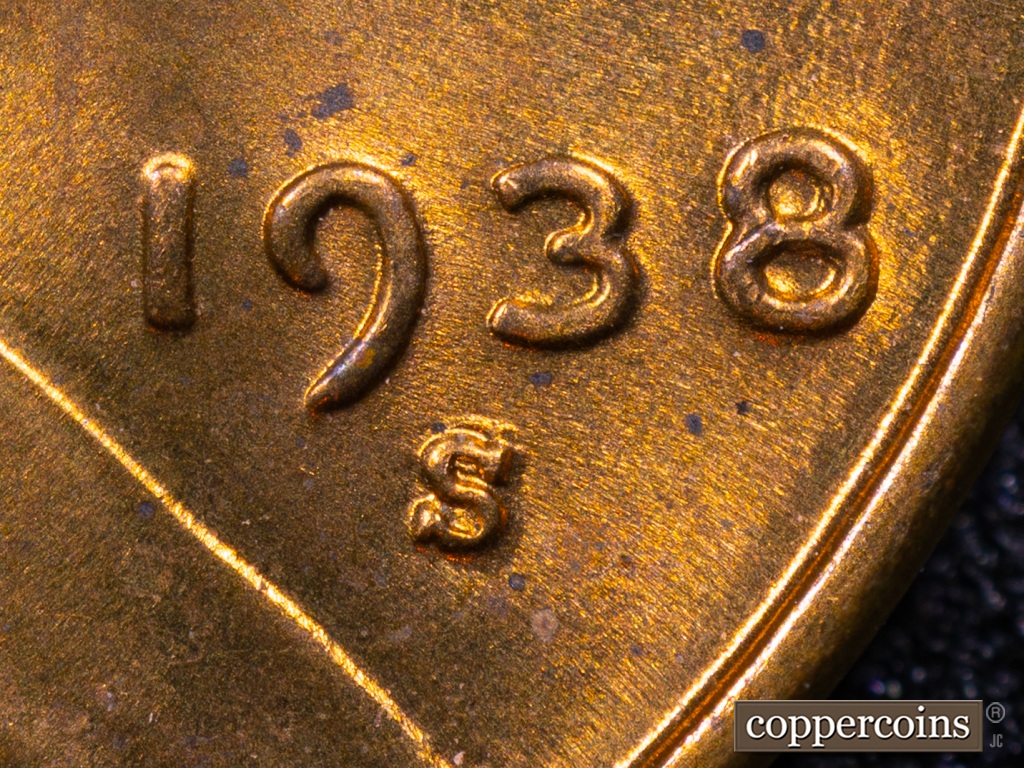 Die-stage D marker on 1938S•1MM•001 showing Date and MM.