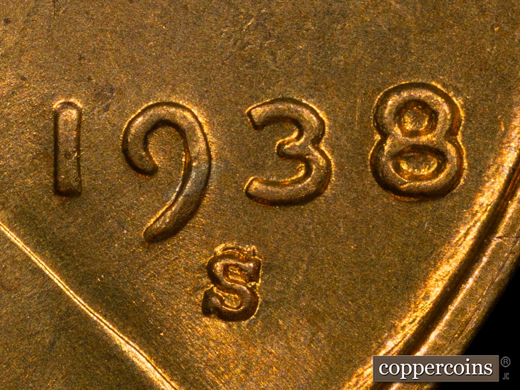 Die-stage A marker on 1938S•1MM•001 showing Date and MM are crisp and clear. Two small die scratches are NW of the MM.