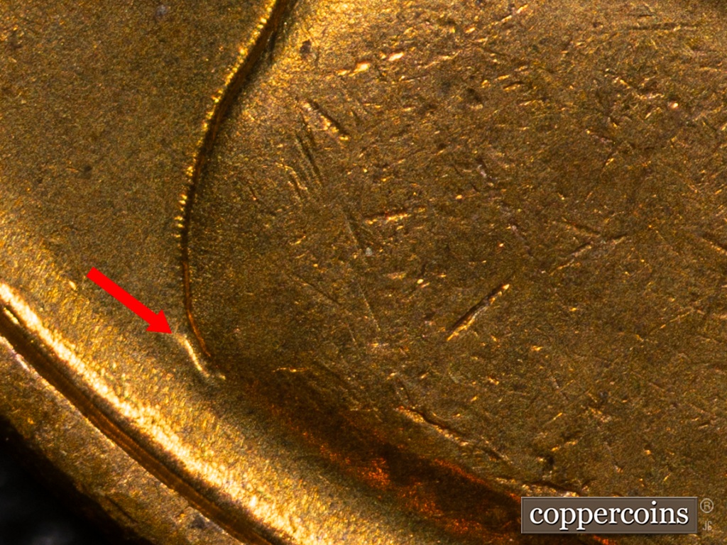 Die-stage A marker on 1938S•1MM•001 showing Die Gouge Left of Bust near VDB appears in every Stage.