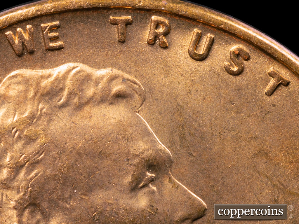 Die-stage A marker on 1938S•1MM•001 showing Die Scratches in WE TRUST.