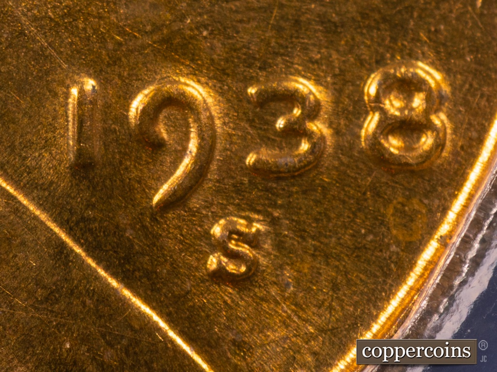 Die-stage F marker on 1938S•1MM•001 showing Date and MM.
