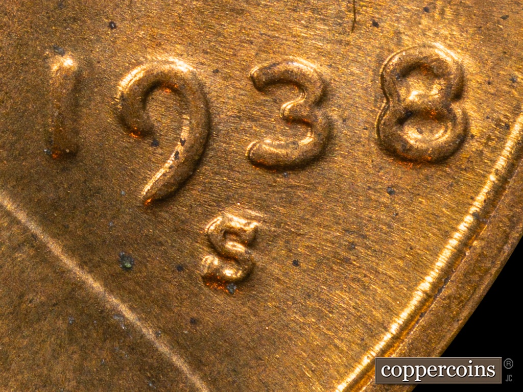 Die-stage H marker on 1938S•1MM•001 showing Secondary Mint Mark is very faint.