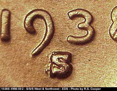Die-stage A marker on 1938S•1MM•002 (1938 Repunched Mint Mark).