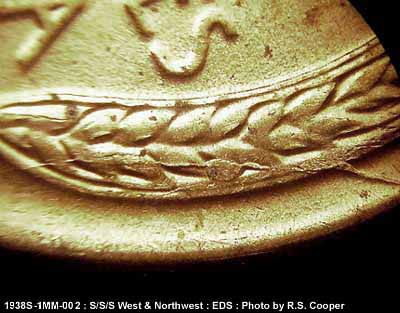Die-stage A marker on 1938S•1MM•002 (1938 Repunched Mint Mark).