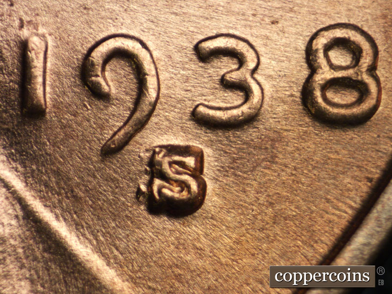 1938 Lincoln cent obverse, CopperCoins die 1938S•1MM•002.