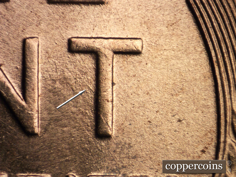 Die-stage B marker on 1938S•1MM•002 (1938 Repunched Mint Mark).