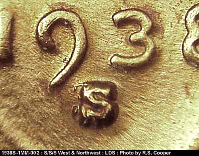 Die-stage C marker on 1938S•1MM•002 (1938 Repunched Mint Mark).