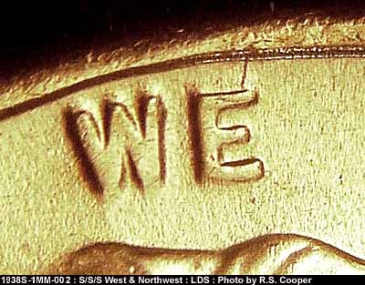 Die-stage C marker on 1938S•1MM•002 (1938 Repunched Mint Mark).