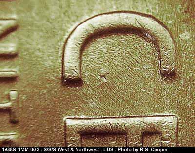Die-stage C marker on 1938S•1MM•002 (1938 Repunched Mint Mark).