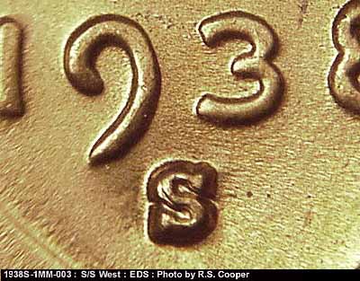 Die-stage A marker on 1938S•1MM•003 (1938 Repunched Mint Mark).