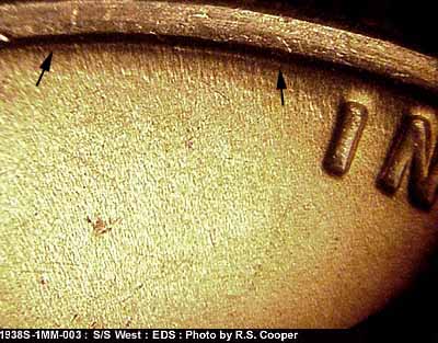 Die-stage A marker on 1938S•1MM•003 (1938 Repunched Mint Mark).