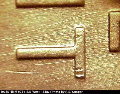 Die-stage A marker on 1938S•1MM•003 (1938 Repunched Mint Mark).