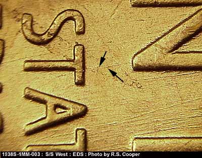 Die-stage A marker on 1938S•1MM•003 (1938 Repunched Mint Mark).