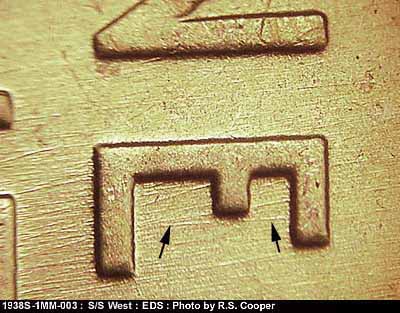 Die-stage A marker on 1938S•1MM•003 (1938 Repunched Mint Mark).