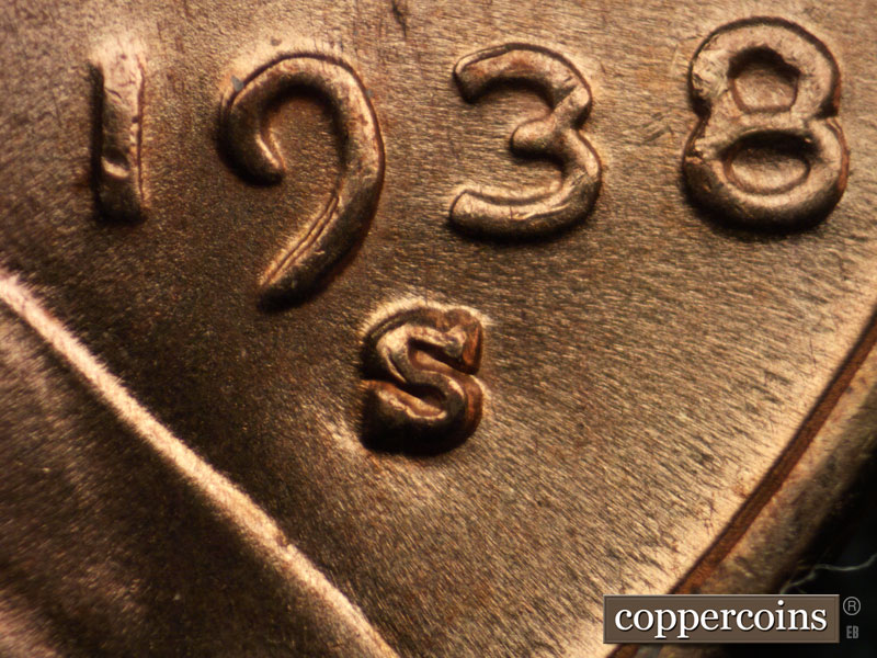 1938 Lincoln cent obverse, CopperCoins die 1938S•1MM•003.
