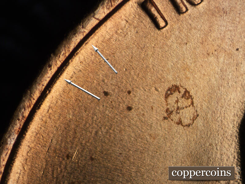 Die-stage B marker on 1938S•1MM•003 (1938 Repunched Mint Mark).