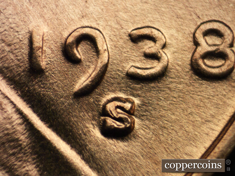 Die-stage C marker on 1938S•1MM•003 (1938 Repunched Mint Mark).