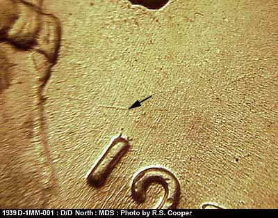 Die-stage B marker on 1939D•1MM•001 (1939 Repunched Mint Mark).
