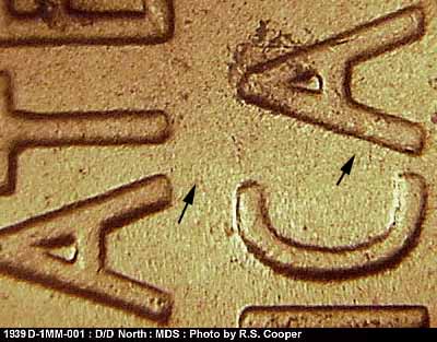 Die-stage B marker on 1939D•1MM•001 (1939 Repunched Mint Mark).