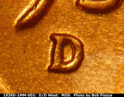 Die-stage B marker on 1939D•1MM•002 (1939 Repunched Mint Mark).