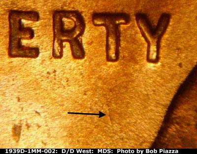 Die-stage B marker on 1939D•1MM•002 (1939 Repunched Mint Mark).
