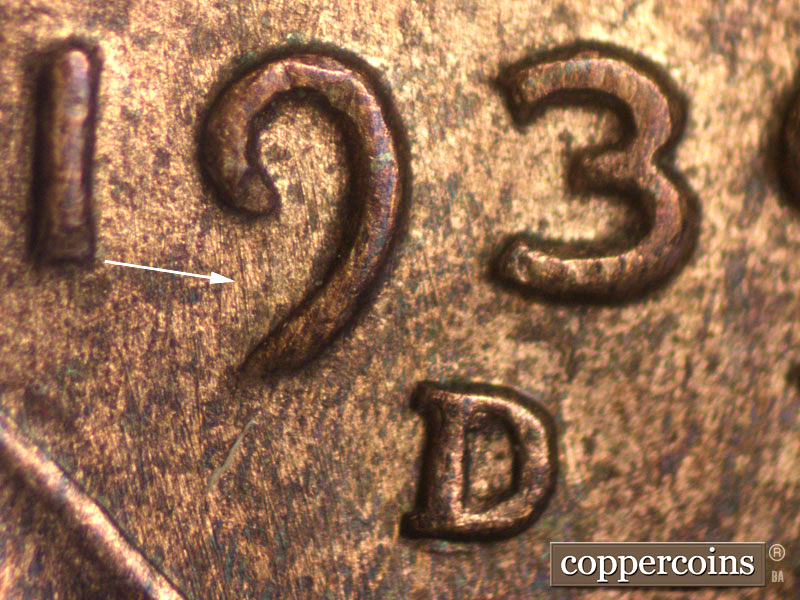 Die-stage B marker on 1939D•1MM•003 (1939 Repunched Mint Mark).