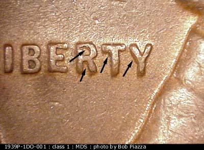 Die-stage B marker on 1939P•1DO•001 (1939 Doubled Die Obverse).