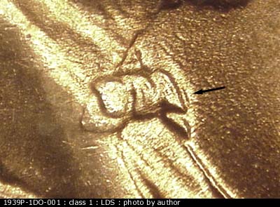 Die-stage C marker on 1939P•1DO•001 (1939 Doubled Die Obverse).
