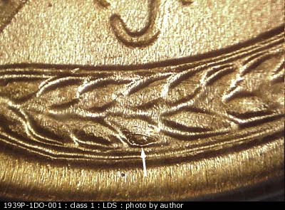 Die-stage C marker on 1939P•1DO•001 (1939 Doubled Die Obverse).
