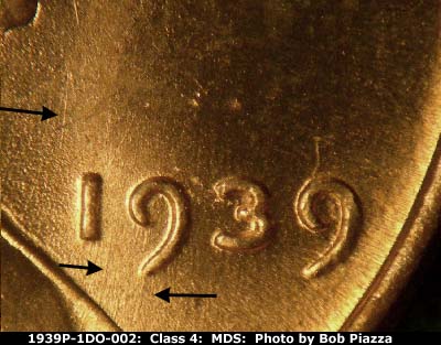 Die-stage B marker on 1939P•1DO•002 (1939 Doubled Die Obverse).