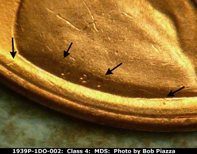 Die-stage B marker on 1939P•1DO•002 (1939 Doubled Die Obverse).