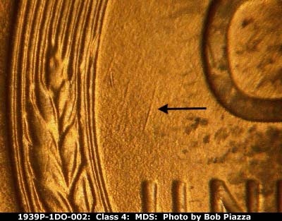 Die-stage B marker on 1939P•1DO•002 (1939 Doubled Die Obverse).