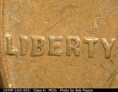 Die-stage B marker on 1939P•1DO•003 (1939 Doubled Die Obverse).
