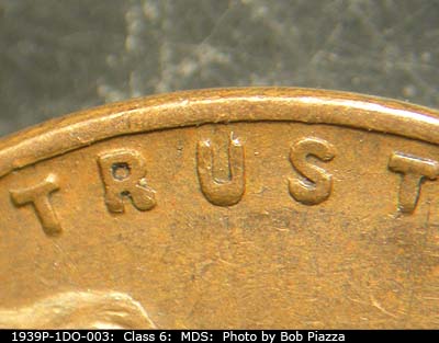 Die-stage B marker on 1939P•1DO•003 (1939 Doubled Die Obverse).