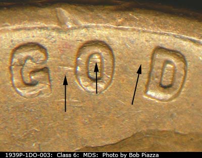 Die-stage B marker on 1939P•1DO•003 (1939 Doubled Die Obverse).