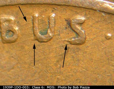 Die-stage B marker on 1939P•1DO•003 (1939 Doubled Die Obverse).