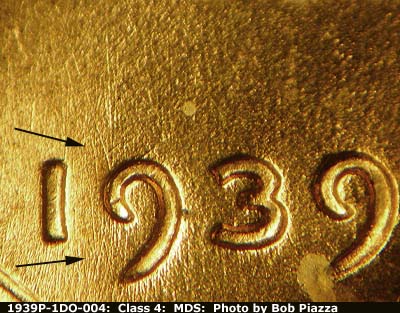 Die-stage B marker on 1939P•1DO•004 (1939 Doubled Die Obverse).